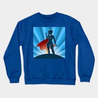 Female Superhero Standing on Blue Burst background Crewneck Sweatshirt